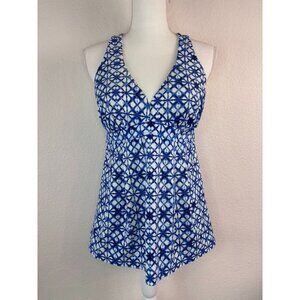 Lands' End women's 10 blue white v-neck tankini swim top racerback wireless‎